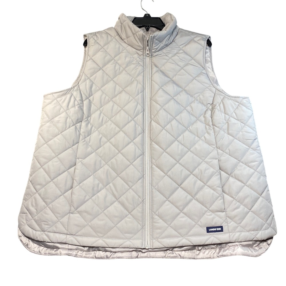 Lands End Mens 2X Quilted Vest Light Gray Silver Full Zip Mock Neck Outerwear